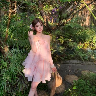 Haute Couture Design Sweet Girl Shows Body, Neck Strap, Big Halter Flower Irregular Ruffle Edge Holiday Dress
