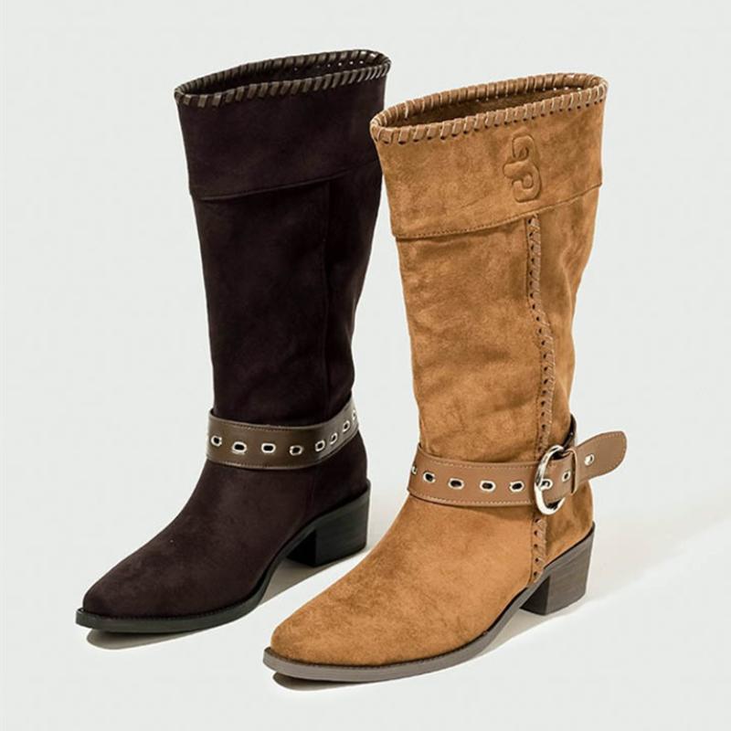 Fashion Retro Western Ankle Boots for Women Fashion Belt Buckle Decoration Wedge Mid Calf Boots High Quality Faux Suede Zapatos De Mujer