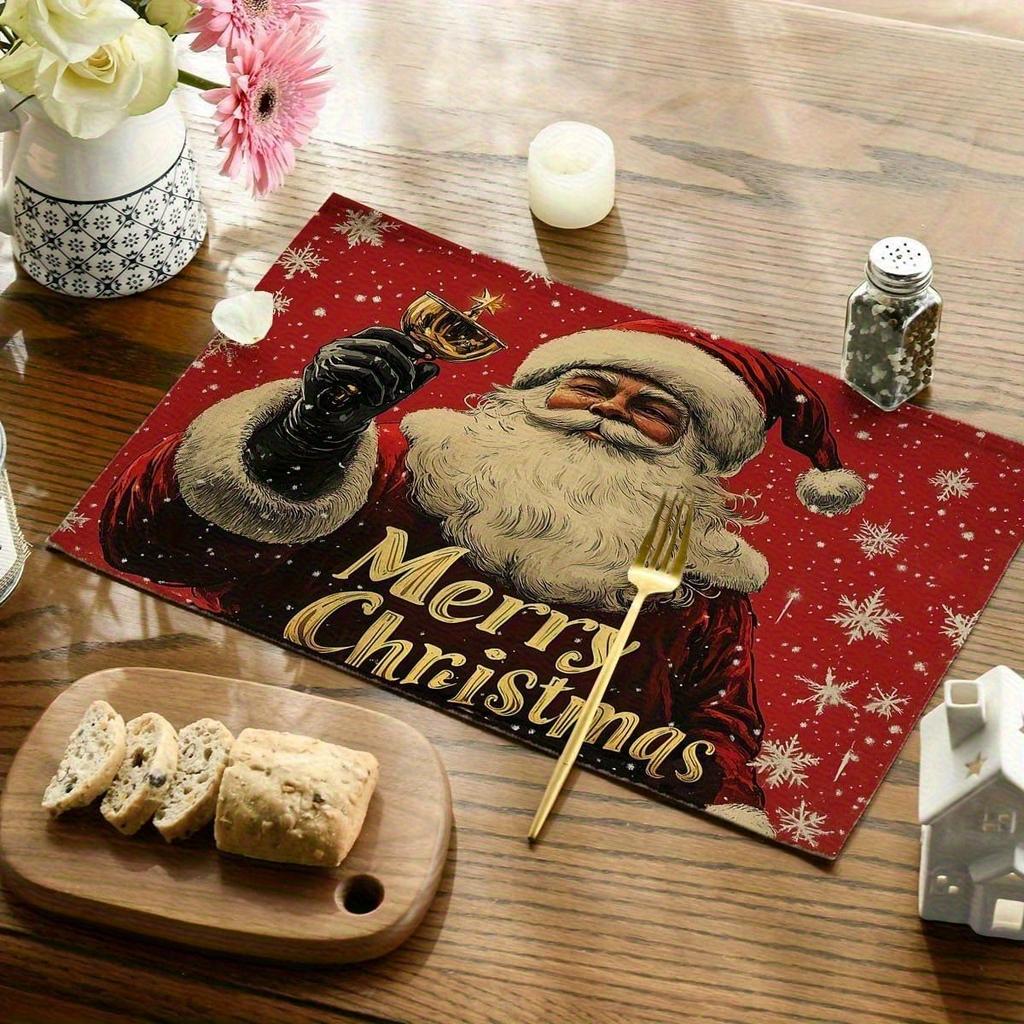 4pcs Linen Placemats, Santa Claus Cheers Holiday Placemats 12x18 Inches, Suitable for Home Kitchen Table Decor, Party Scene Decoration, and Home Décor