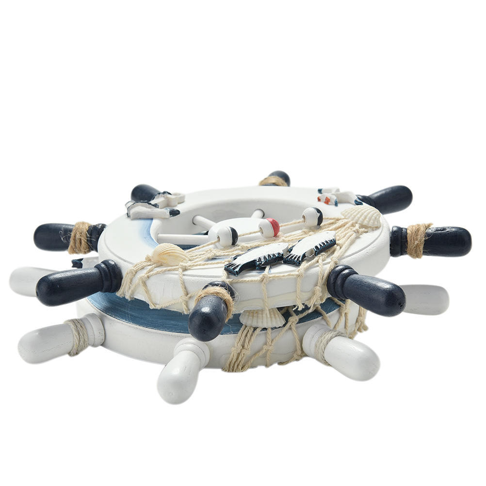 1 Pcs 9 Inch Blue White Beach Wooden Boat Ship Rudder Net Wall Decoration