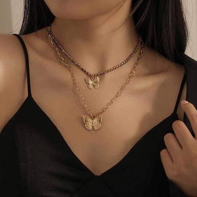 Fashion Trend Personality Double Layer Imitation Pearl Butterfly Pendant Necklace Clavicle Chain Party Jewelry Exquisite Gifts