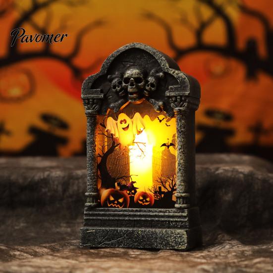 Horror Theme Party Decor Tombstone Candle Lantern, LED Lighted Spooky Graveyard Table Lamp, Halloween Pumpkin Bag Fillers Small Night Light