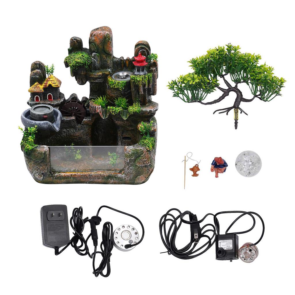 Tabletop Fountain Resin Indoor Home Decoration, 12LED Color Lights Waterfall Fountain 110V Desktop Fountain, with Atomizer