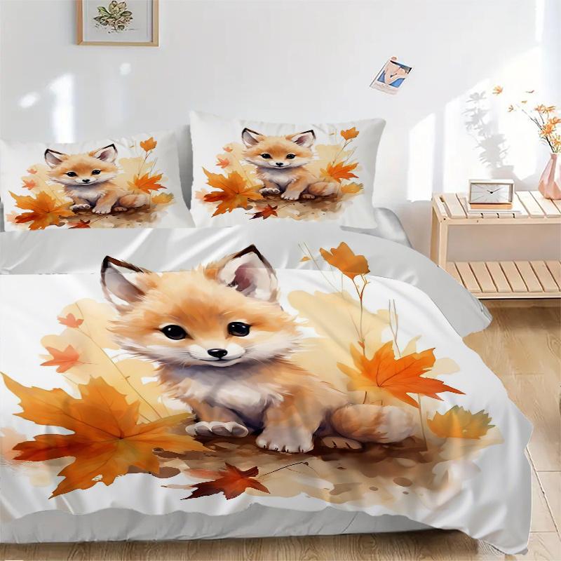 3pcs Small Animal Fox Cute Design Pattern Bedding Set, 1* Cover + 2*Pillowcases, Printed Bedding Set, Soft and Comfortable, Suitable for Bedroom