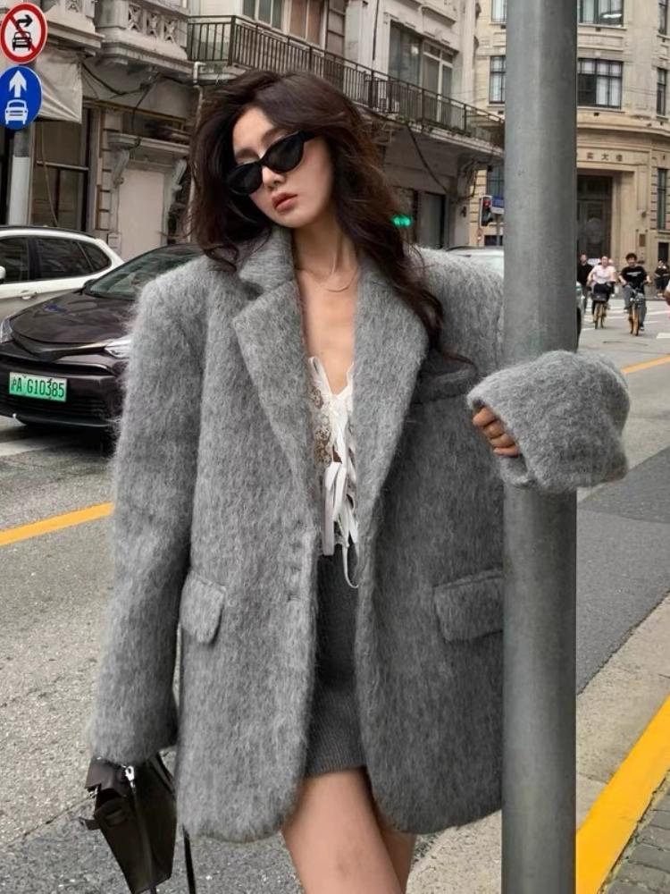 Pevná Elegantní Vintage Kožešinová Bunda Dámská Nová Móda Sladký Volný Kancelářský Kabát Dámský Korejský Návrhář Ležérní Streetwear Oblečení 2024
