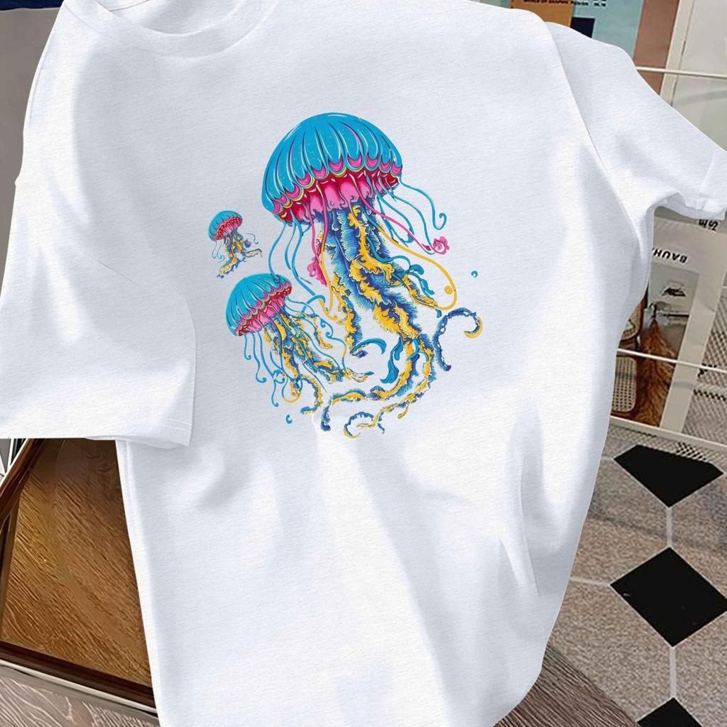Colorful Psychedelic Jellyfish Graphic Mens Cotton TShirt Round Neck Casual Short Sleeve Summer Tee
