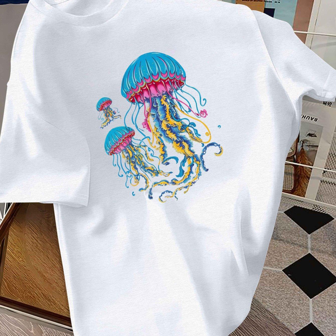 Colorful Psychedelic Jellyfish Graphic Mens Cotton TShirt Round Neck Casual Short Sleeve Summer Tee S