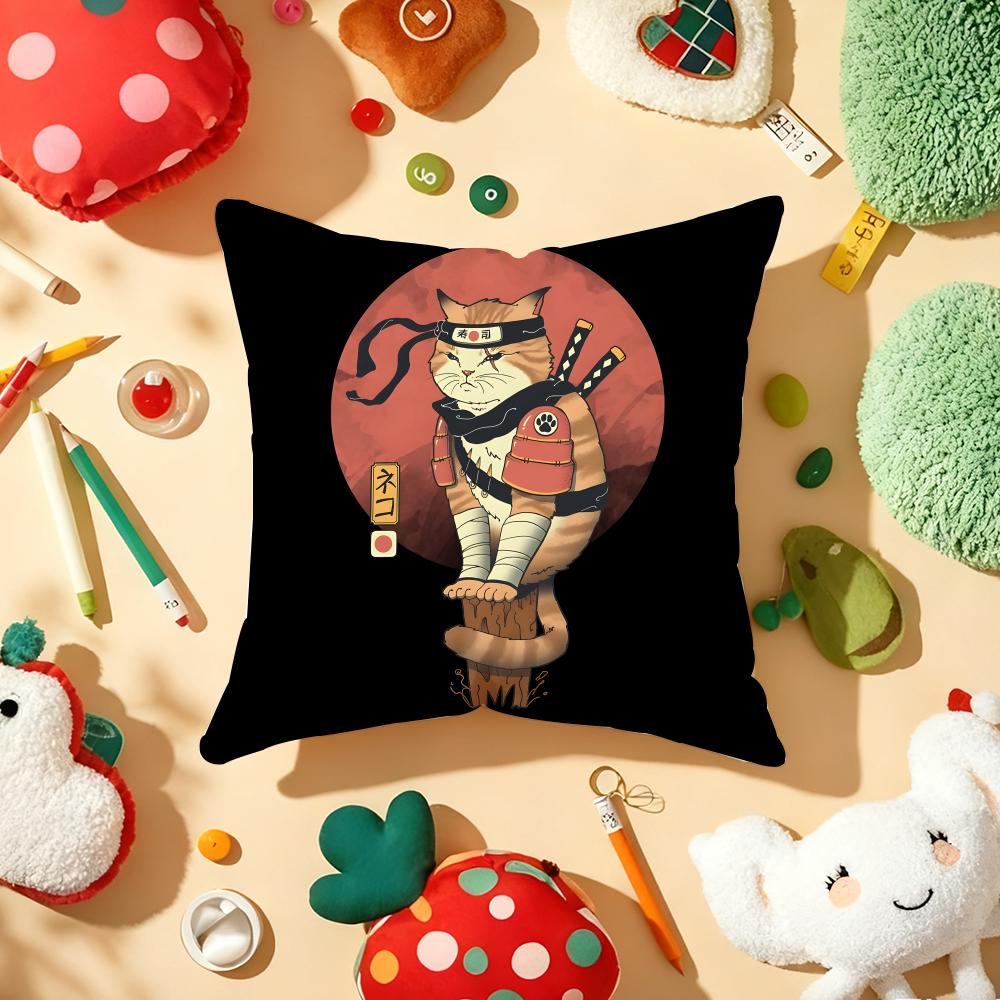 Japanese Style Samurai Cat Cushion Cover Plush Fabric Soft Double-Sided Printed Sofa Warm Winter Home Gift Pillow Cover