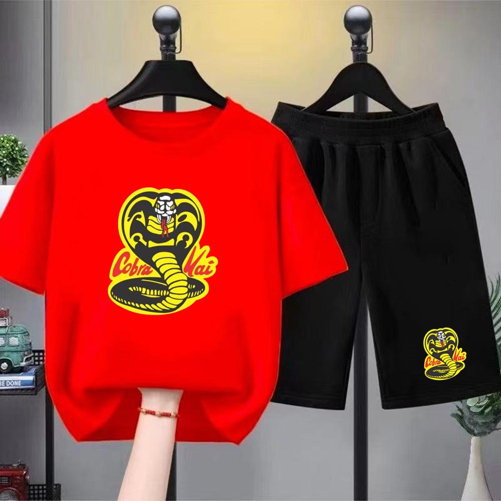 

Summer T-shirt+shorts Anime snake Print Boy Black Girl Sets Tshirt kids Tops Casual Tees round Neck short-sleeved top 100
