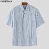 INCERUN Oversized Men Lapel Neck Short Sleeve Striped Print Pleating Shirts Tops