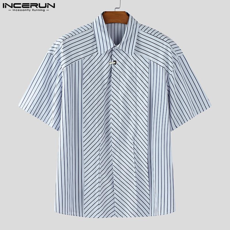 INCERUN Oversized Men Lapel Neck Short Sleeve Striped Print Pleating Shirts Tops