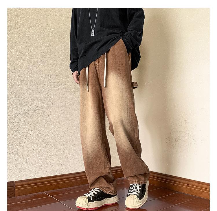 Calça jeans masculina estilo American Retro Brown Wide Leg: Macacões versáteis, folgados e de outono para as ruas da cidade