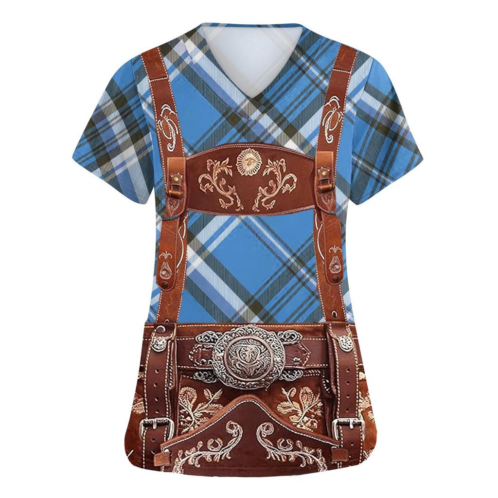 Women's V Neck Short Sleeve Work Shirt with Pockets Oktoberfest Print Top Medical Nurse Uniform Scrub Tee for Healthcare Professionals