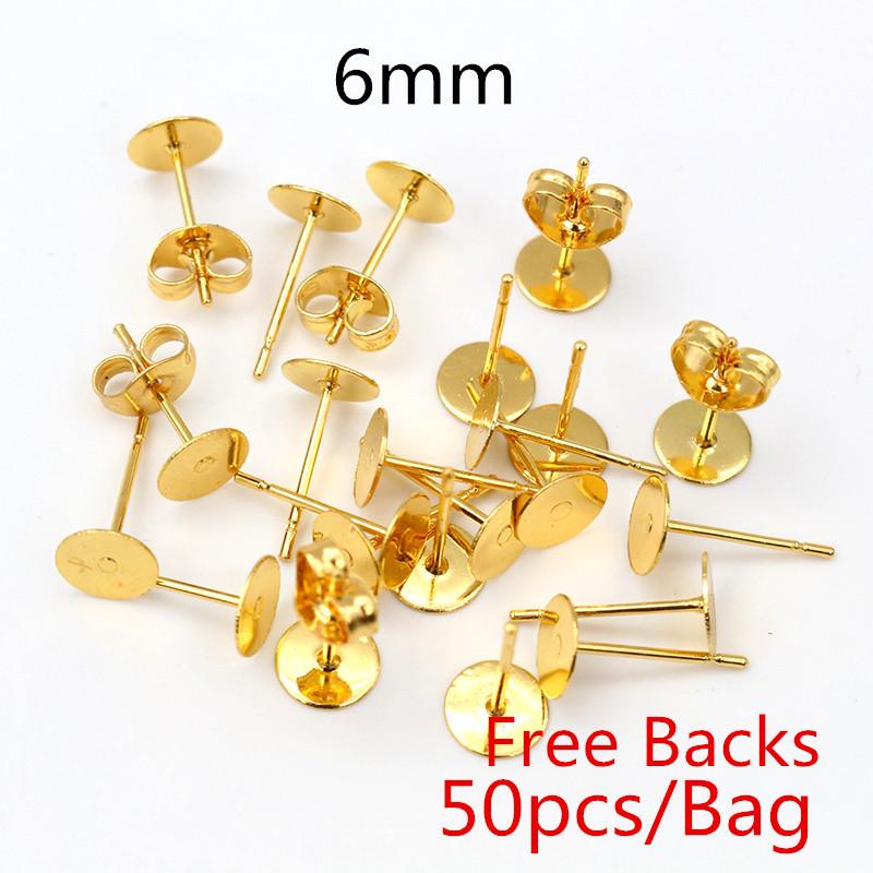 

50-100pcs/lot Gold Stainless Steel Earring Studs Blank Post Base Pins With Earring Plug Findings Ear Back For DIY Jewelry Making