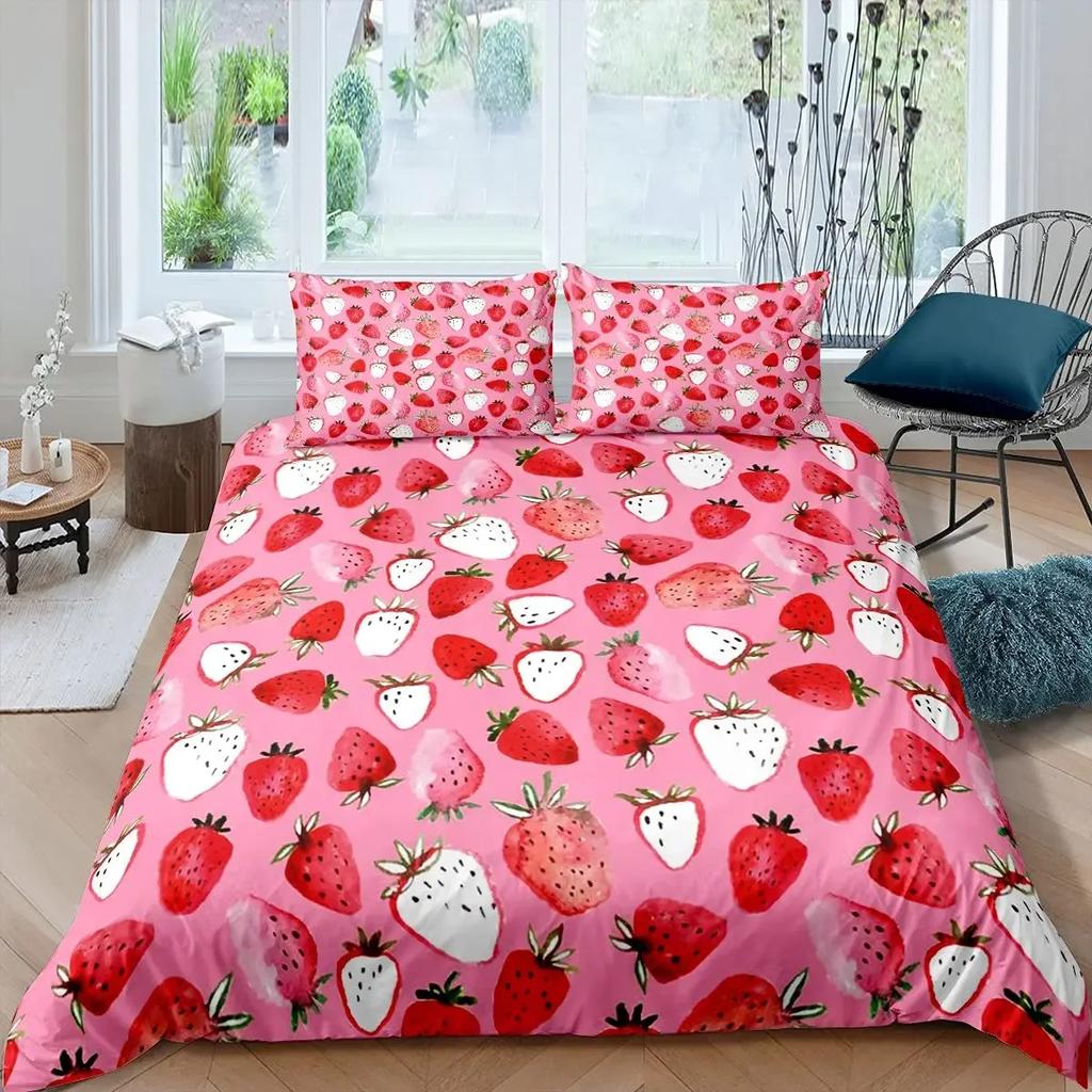 3Pcs Full Size Sweet Strawberry Bedding Set Duvet Cover for Kids Children Teens Comforter Cover Bed Room Decor Pink Quilt Cover