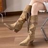 Fashion Autumn Winter Fashion Soft Leather Pleated Women Knee-high Boots Vintage Faux Suede Western Cowboy High heels Knight Boots Shoes