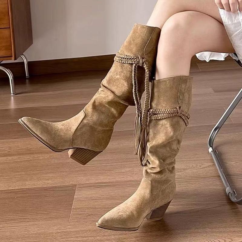 Fashion Autumn Winter Fashion Soft Leather Pleated Women Knee-high Boots Vintage Faux Suede Western Cowboy High heels Knight Boots Shoes