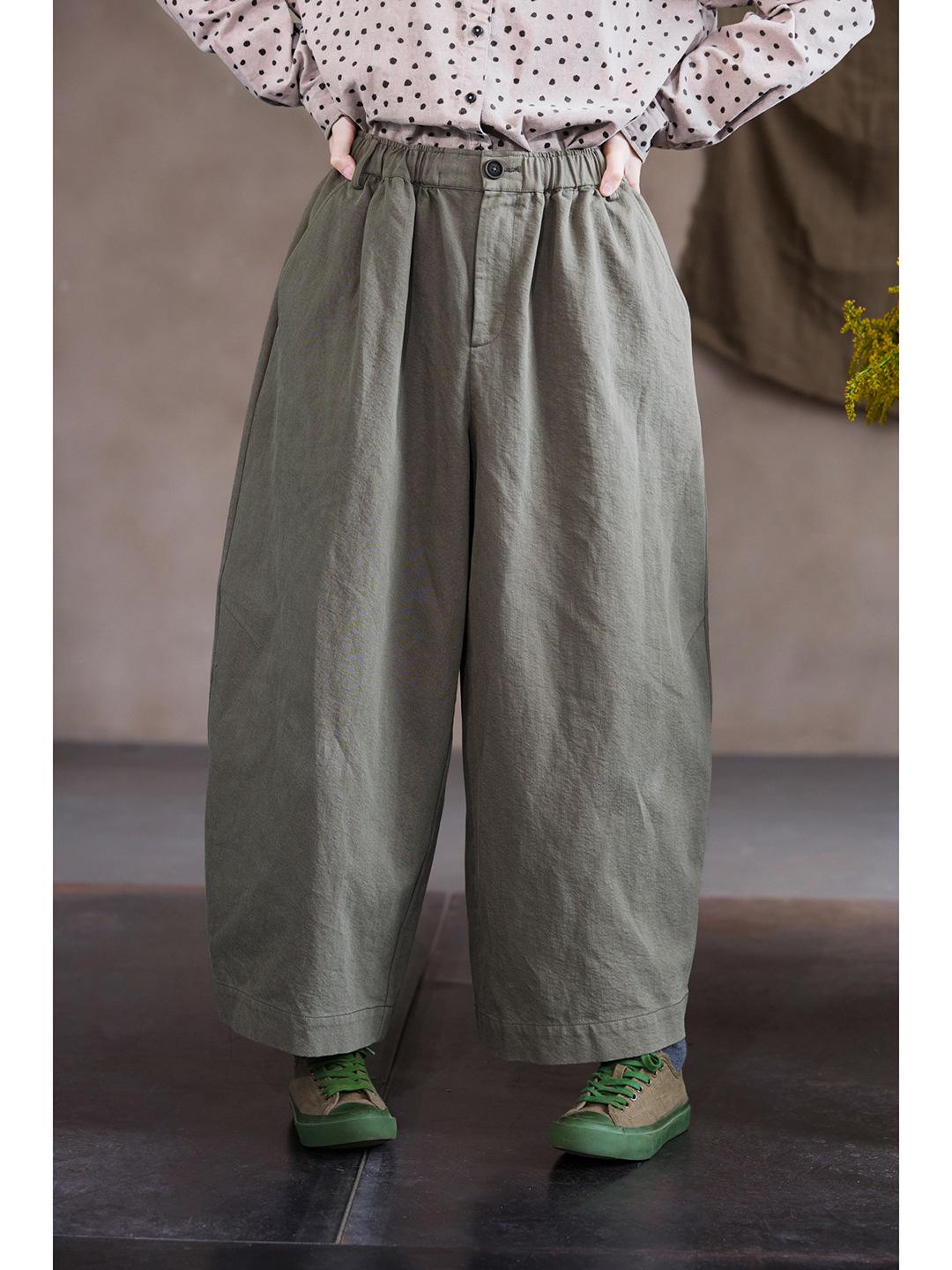 Winter Retro Grey Wood Green Cotton Elastic Waist Loose Casual Carrot Pants Small