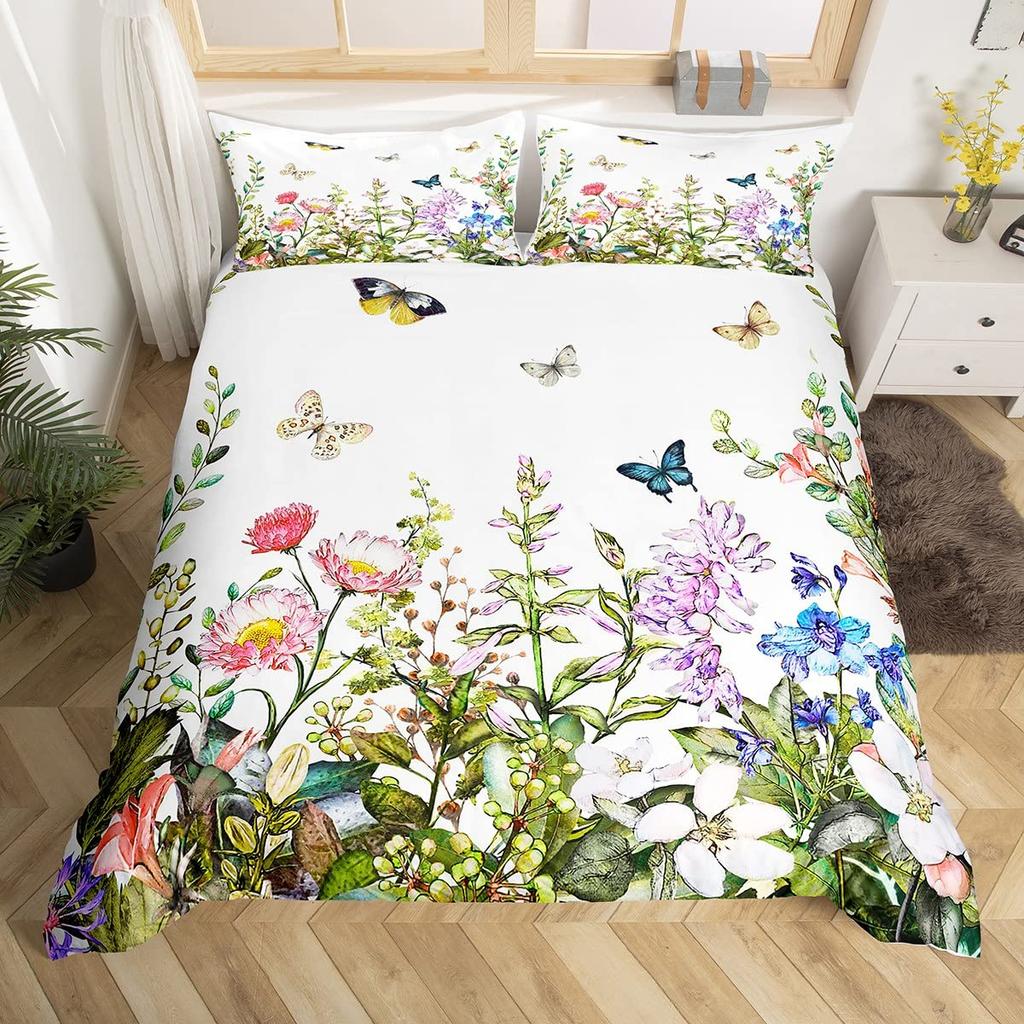 Lovely Bird Duvet Cover Set King Size Spring Floral Butterfly Bedding Set Microfiber Watercolor Garden Flower Comforter Cover