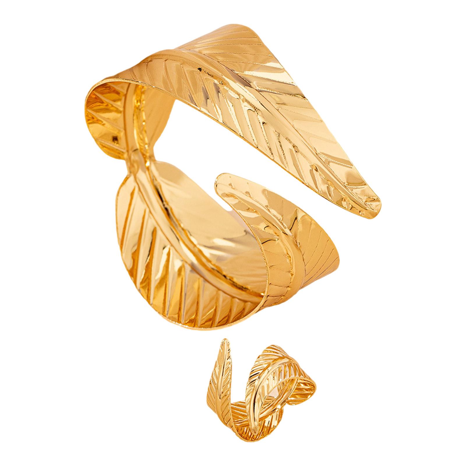 

2PCS Metal Opening Bracelet and Ring Jewelry Set Geometric Leaf Shaped Accessories Comfortable Fit Accessory for Women