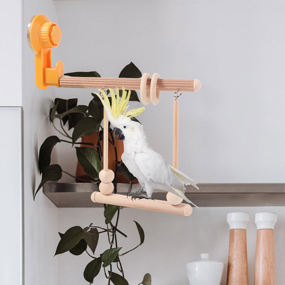 Suction Cup Parrot Stand Wooden Parrot Training Rack Grinding Perch Parakeet Swing Toy  Window