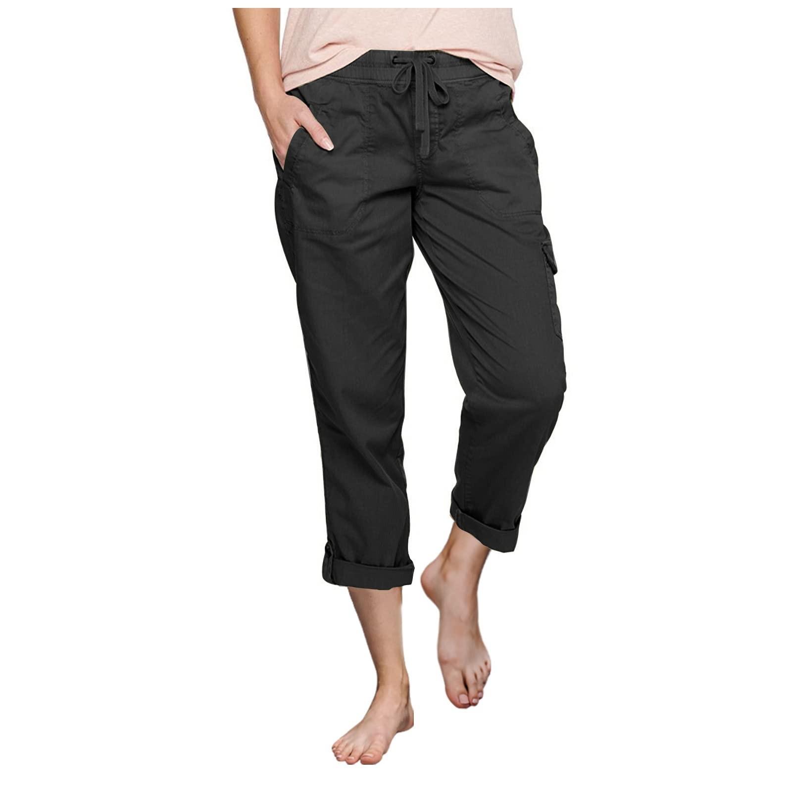 

Women s Fashion Color Reverse Hem Trousers Drawstring Elastic Waist Cargo Casual Pants L чёрный