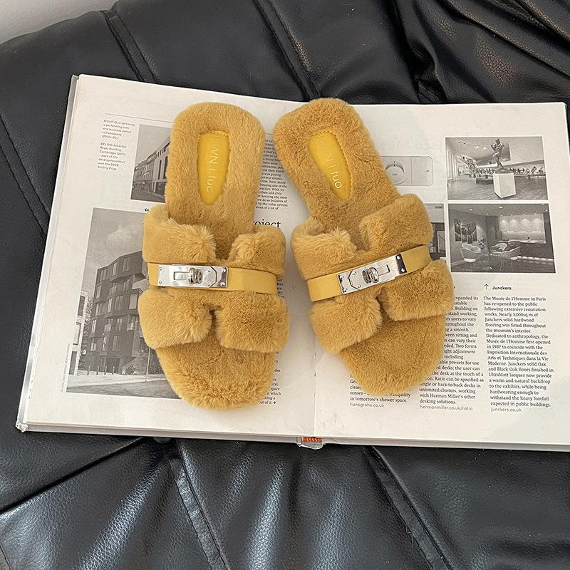 2025 Autumn and Winter Fashion Simple Belt Buckle Internet Celebrity Fluffy Slippers Women Wear Casual Thick-soled One-word Cotton Shoes