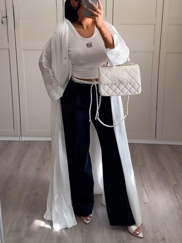 Pure Color Women High Waist Black Pants Solid Elastic Waist Wide Leg Pant Woman Fashion Lace Up Casual Loose Pants Streetwear