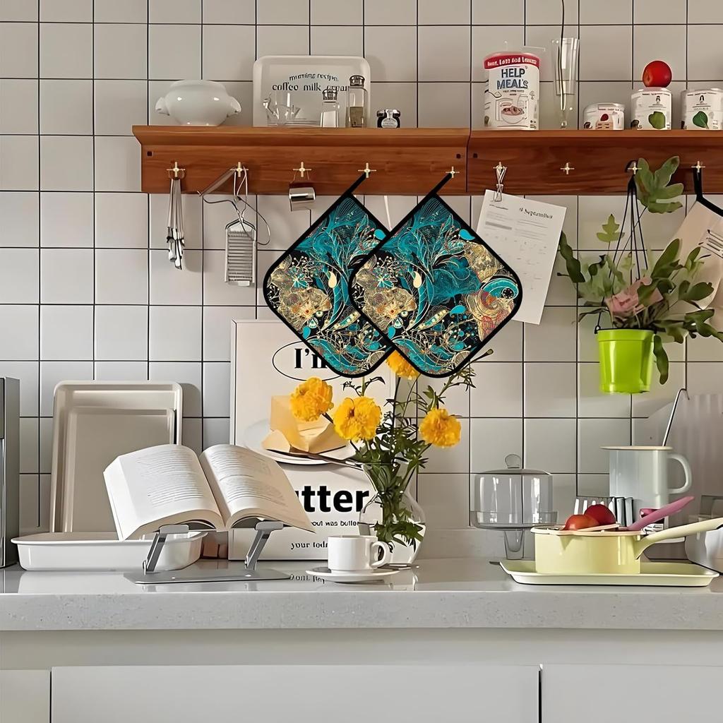 Vintage Floral Pot Holders Set of 2,Kitchen Heat Resistant Potholder for BBQ Cooking Baking,Food Hot Pad for Women Men