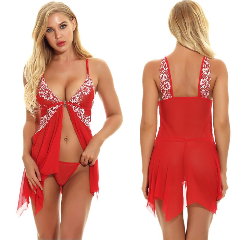 Plus Size Women's Floral Embroidered Babydoll Dress - Exotic Lingerie with Split Asymmetric Hem, Thong, and Delicate Details