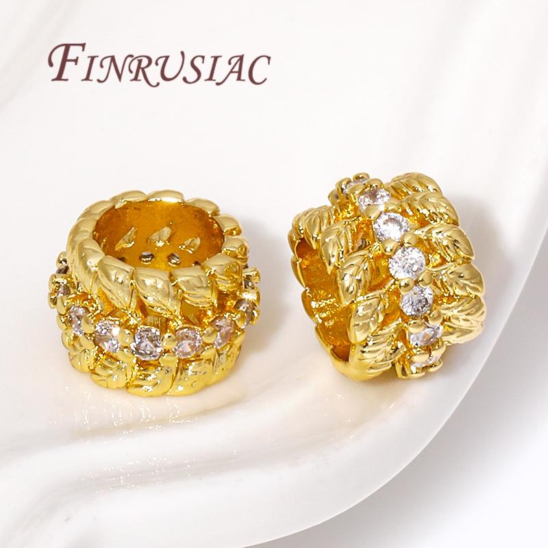 18K Gold Plated Brass Zircon Spacer Beads Accessories For Bracelet,Big Hole Bead,Metal Beads Separators For Jewelry DIY Fittings