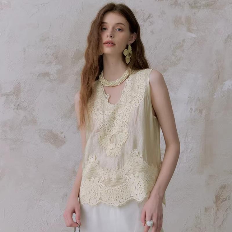 DIMANAF 2026 Neues Weste-T-Shirt Damen Spitze Rundhalsausschnitt Ausgeschnitten Sommerstil Basic Tops T-Shirts Lockere Weste