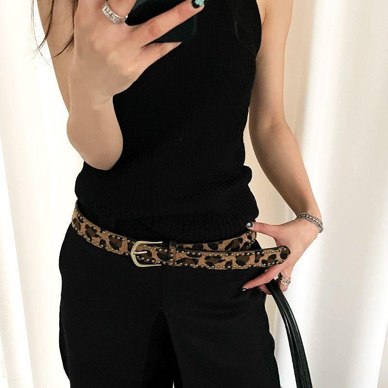 Retro Leopard Print Belt For Women With Alloy Buckle Leather Waistband For Dress And Jeans