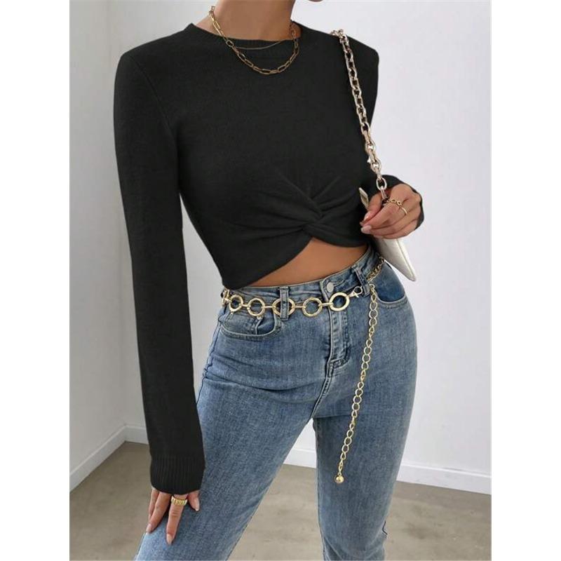 Women Slim Fit Cross Design Round Neck Long Sleeve Knit Sweater