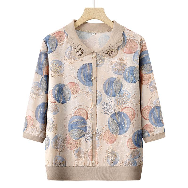 

Шикарная весенняя футболка из ледяного шелка с принтом для стильных мам - Идеально для моды женщин среднего и пожилого возраста осенью и весной. 2XL (110-125 jin) розовый/фиолетовый