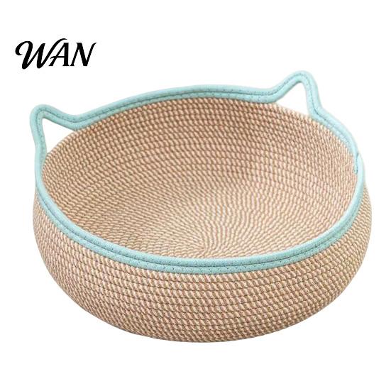 All Season Cat Bed Basket with Cushion Cotton Rope Handwoven Pet Spacious Breathable Ear for Indoor Cats Stretch Space