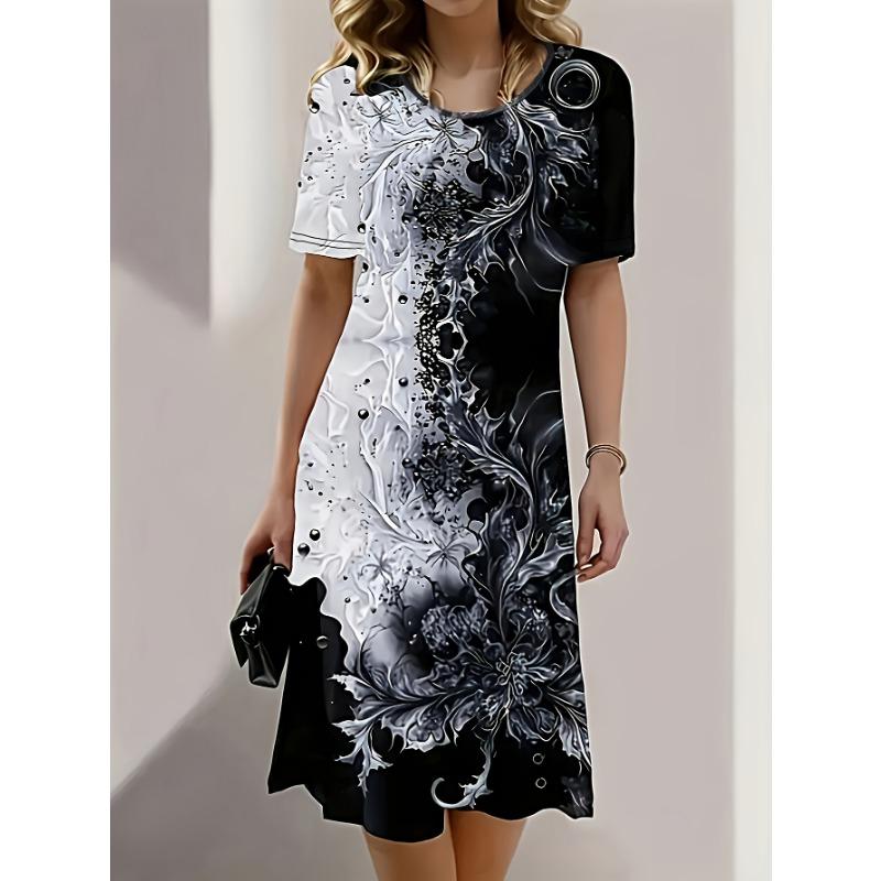 Ladies' Casual Short Sleeved Spring/summer Floral Print Round Neck Mid Length Dress, Women's Clothing