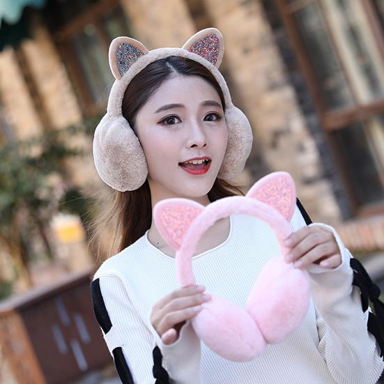 Women Lovely Winter Cats Ear Warmer Shiny Glitter Earmuff Cold Protection Warmer