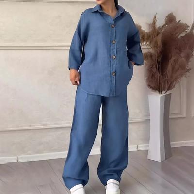 2 Teile/satz Damen Bluse Hosen Set Übergröße Revers Langarm Oberteil Weites Bein Lockere Hose mit Gummibund Lässige Homewear
