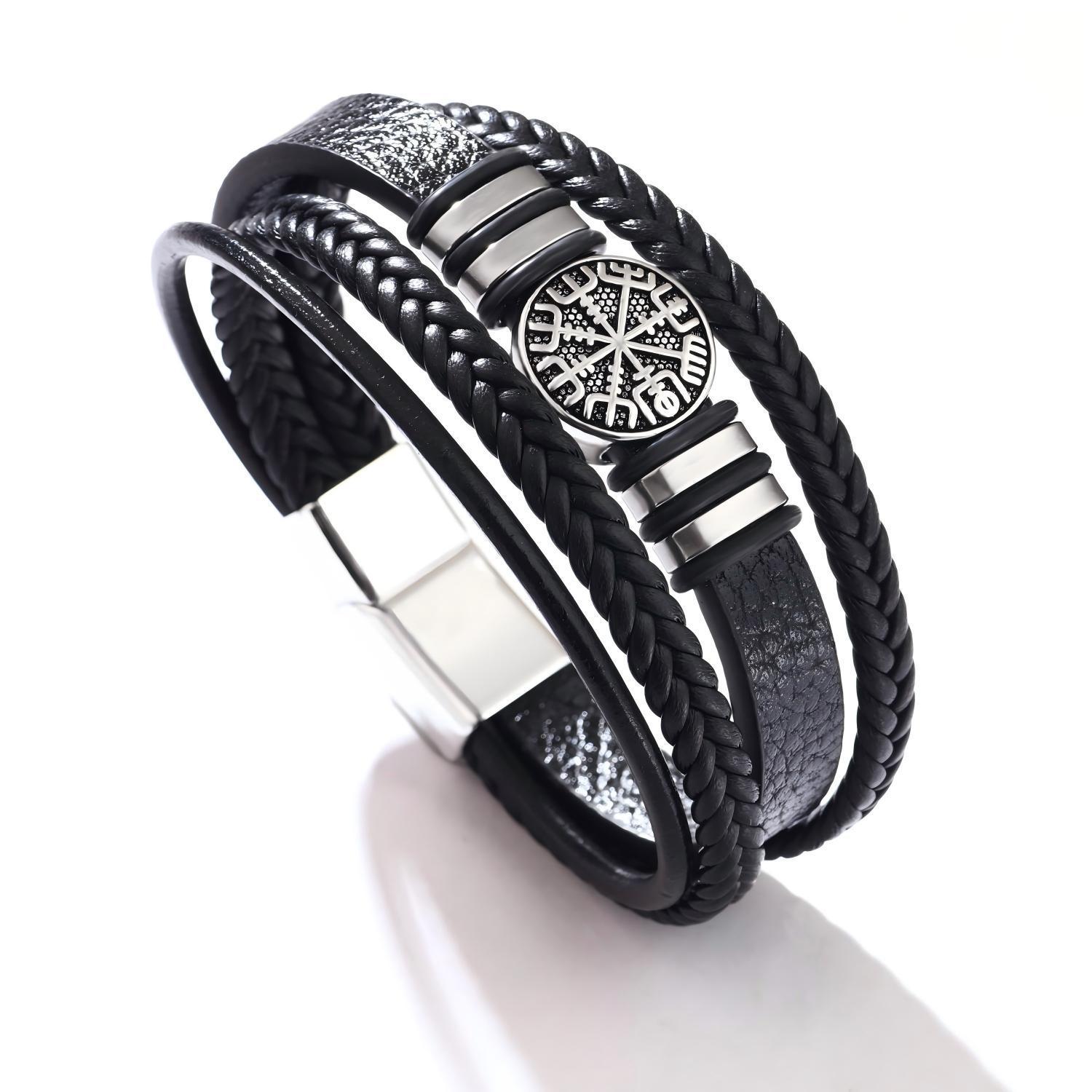 Men s Leather Bracelet Stainless Steel Compass Magnetic Tail Buckle Multilayer Leather Bracelet Viking Compass Leather Bracelet