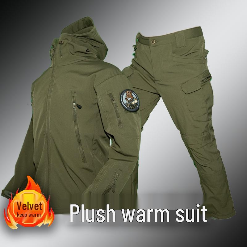 Men's Windproof Camo Sharkskin Tactical Suit with Fleece Lining for Winter Cycling and Workwear
