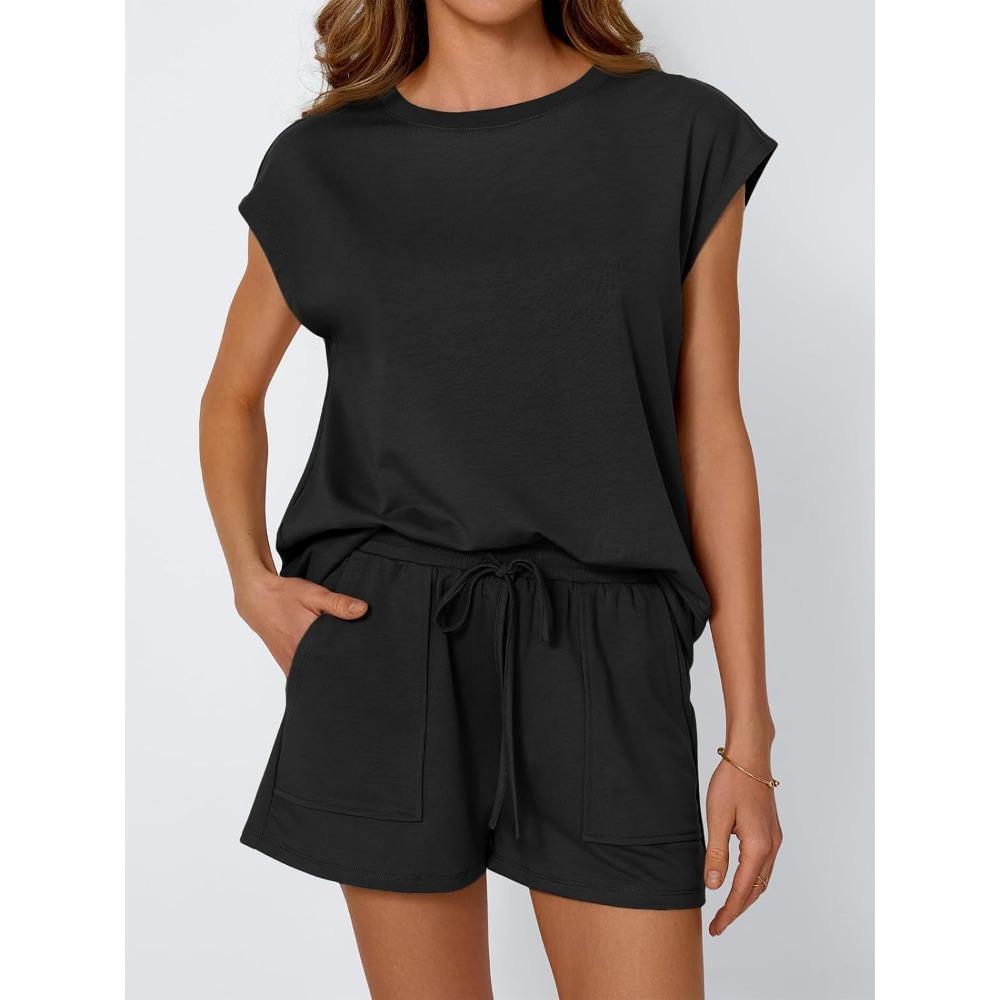 Women Spring Summer New Crew Neck Loose Short Sleeve Two Piece Outfit Set