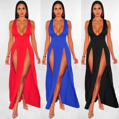 Neuheiten Damen Sexy High Split Kleider Ärmellos Tiefem V-Ausschnitt Hoher Schlitz Lange Party Bodycon Rote Sommerkleider