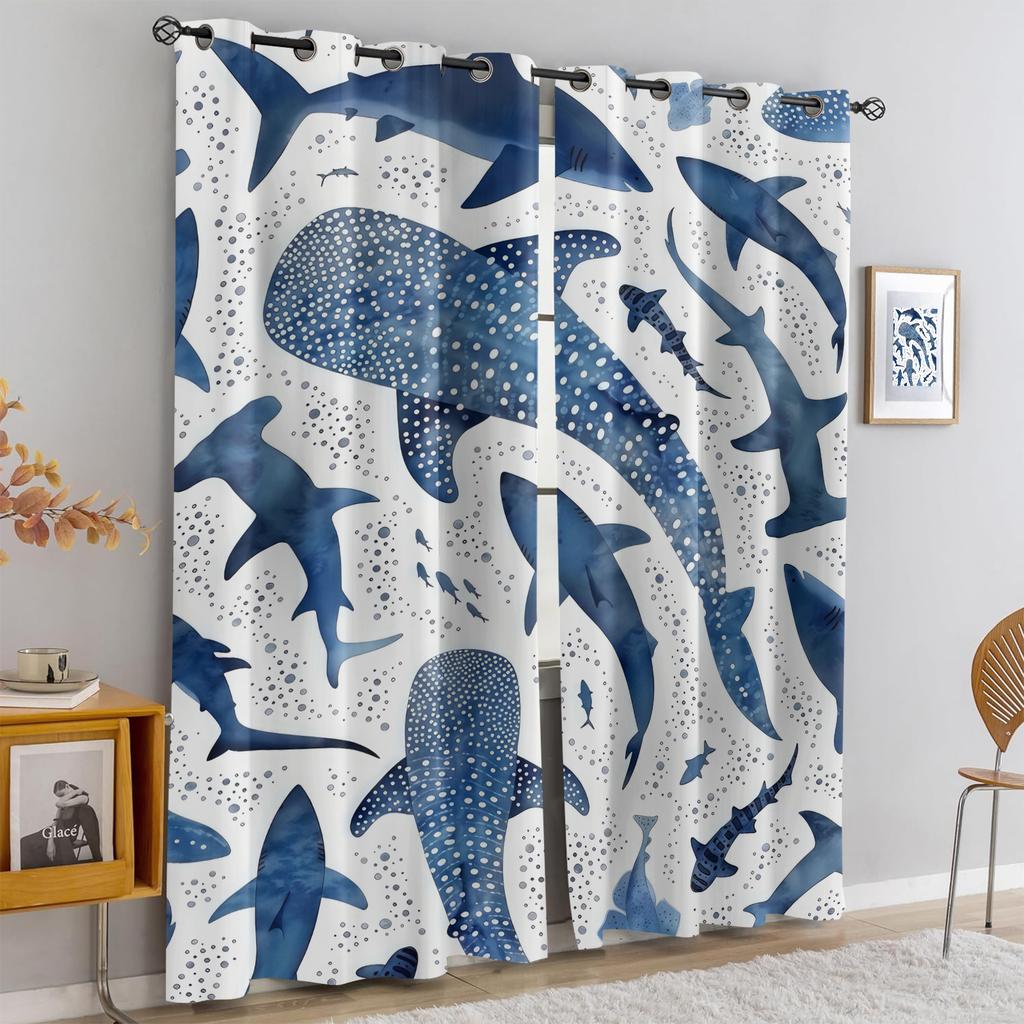 Shark Print Curtain Bedroom Living Room Balcony All Season Adults Decoration Curtains Darkening Set Of 2 Made Polyester Area Decor