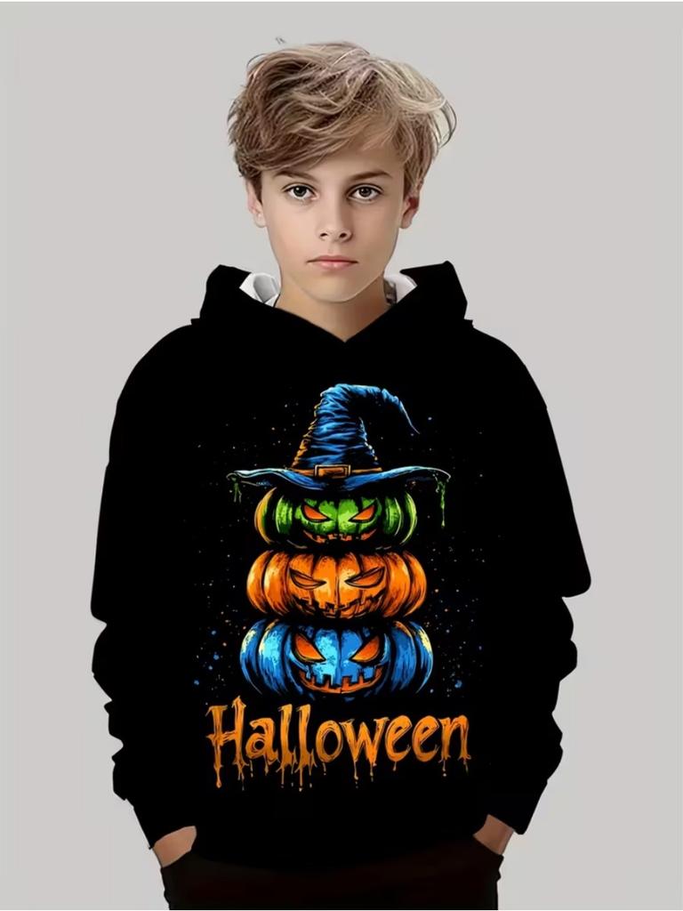 Halloween Hoodies for Kids Cute Ghost Pumpkin Graphic Sweatshirt Cartoon Black Print Holiday Gift Children's Clothing