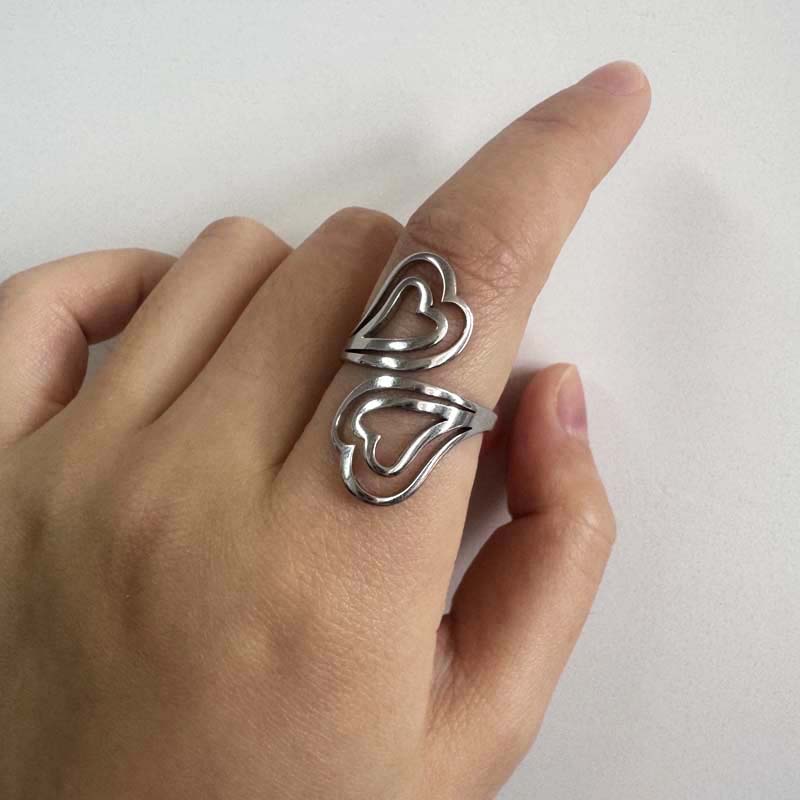 Fashion Copper Color Starfish Leaf Open Rings For Women Stainless Steel Metal Irregular Geometric Double Heart Ring Zircon