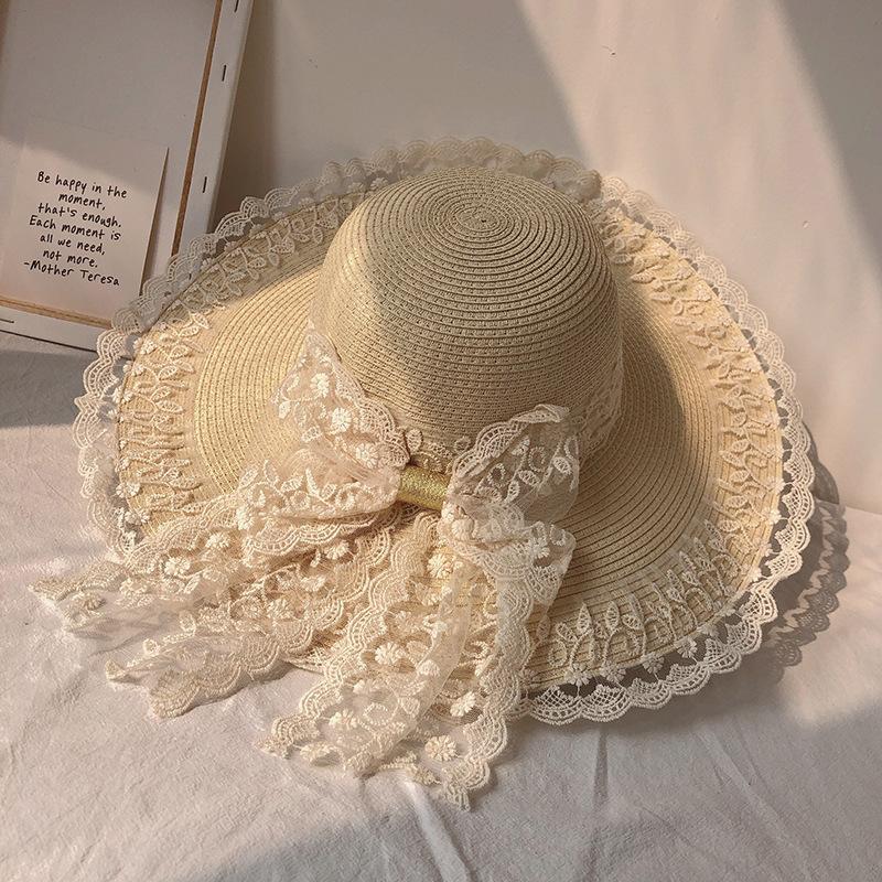 Ins Idyllic New Children's Sun Hat Sweet Lace Bow Sun Hat Big Brim Sun Protection Straw Hat