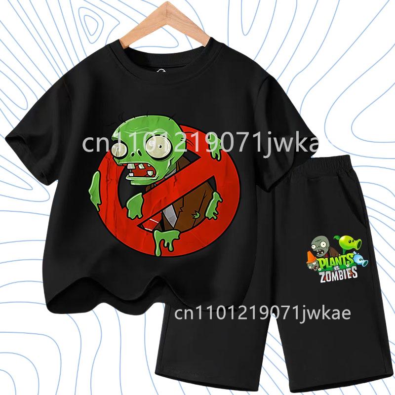 Children's Plants Vs. Zombies Short-Sleeved T-Shirt Set Cotton Summer Fashion Comfortable Top+pants for Boys and Girls