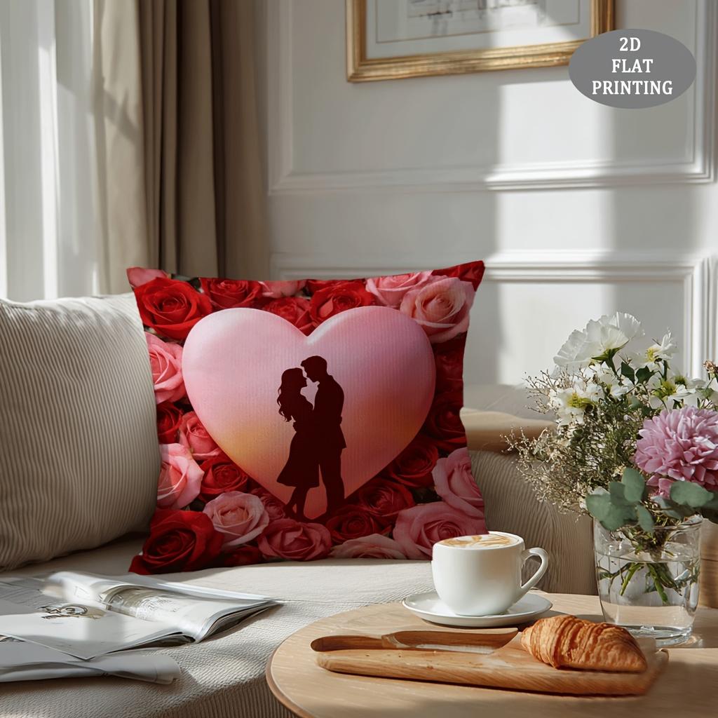 1pc Red Heart-Shaped Petal Pattern Plush Throw Pillow Cover | 2D Flat Printing, Single-Sided, 18x18 inch, Suitable for Sofa and Living Room Decor