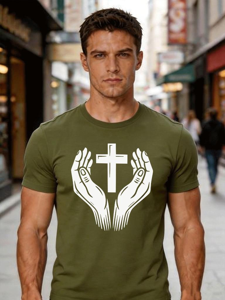 Male Cotton Short Sleeve T Shirt Prayer Hands Cross Pattern Loose Crew Neck Trendy Faith Casual Summer Tees For Young Adult Unisex